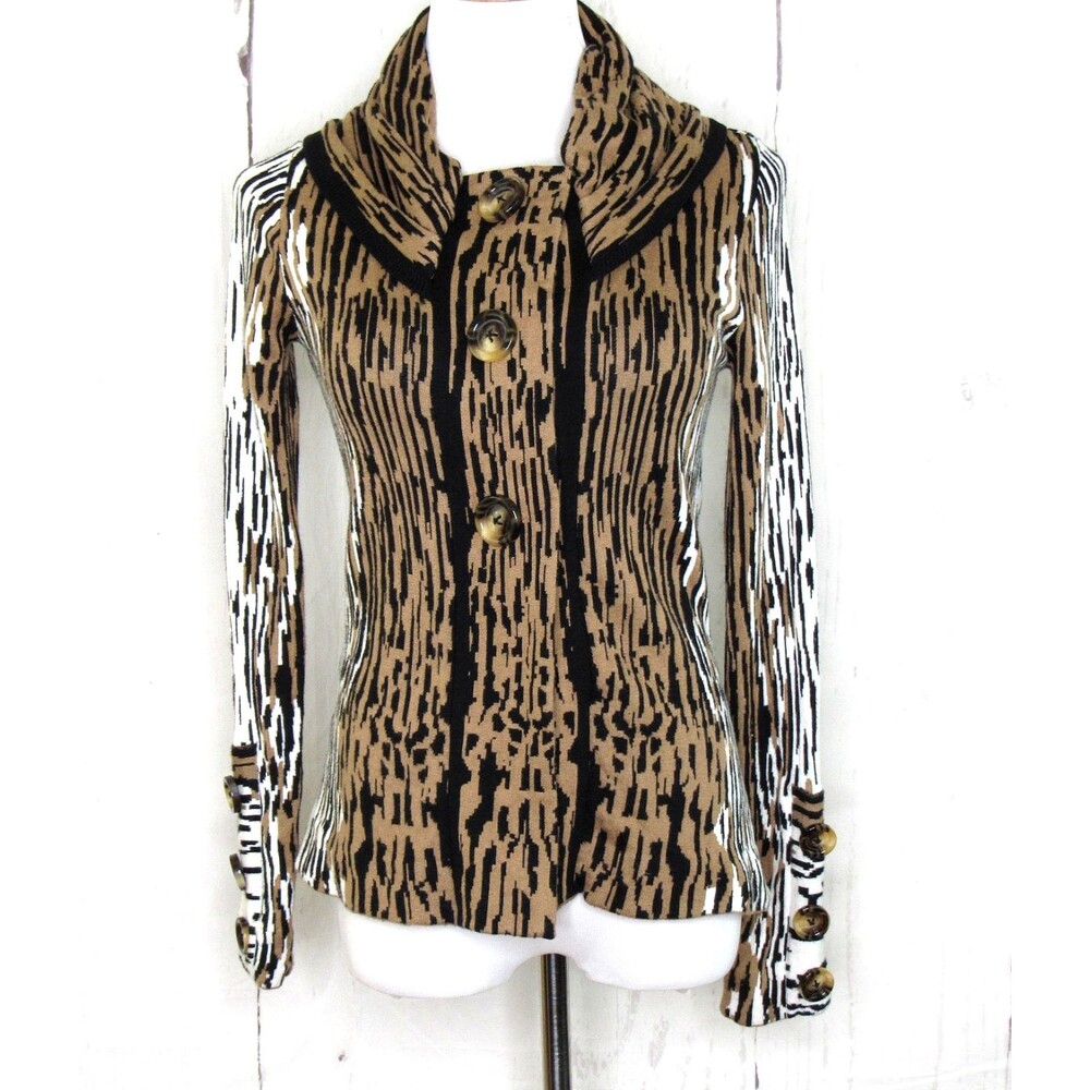 Sharon Young Button/Snap Front Cardigan Sweater Shawl Collar Animal Print Size S